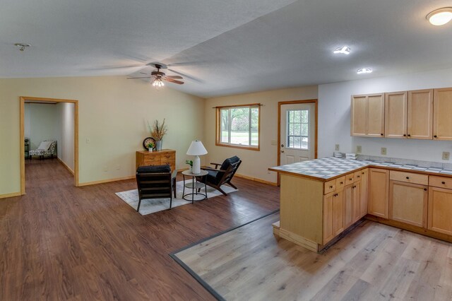 33507 Old 371, Pequot Lakes, MN 56472 - kitchen with tile counters, light brown cabinets, light wood-style flooring, a ceiling fan, and vaulted ceiling