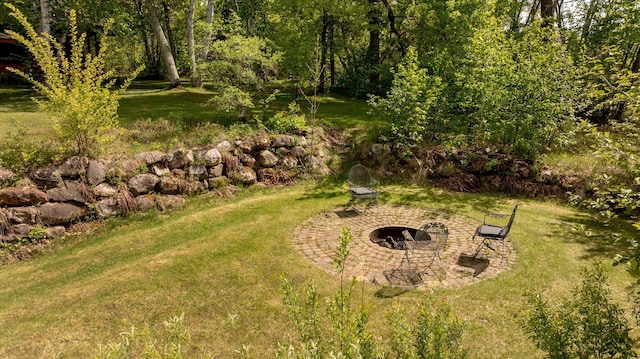 33507 Old 371, Pequot Lakes, MN 56472 - view of green lawn with an outdoor fire pit and a patio