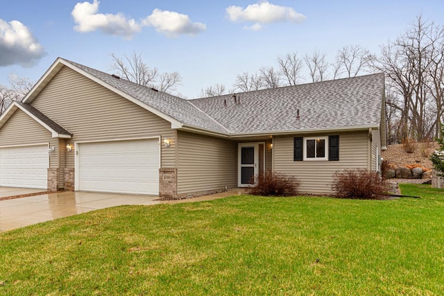 ranch-style home with an attached garage, a shingled roof, a front yard, and concrete driveway