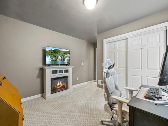 775 Roselyn Dr, Victoria, MN 55386 - home office featuring a glass covered fireplace, carpet, and baseboards