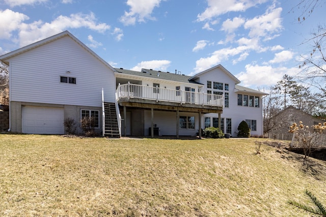rear view of house with a garage, a wooden deck, brick siding, a yard, and stairway