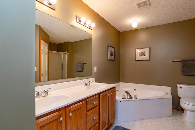 full bath with double vanity, toilet, visible vents, and a sink