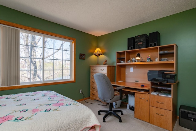 bedroom with light colored carpet, a textured ceiling, and baseboards