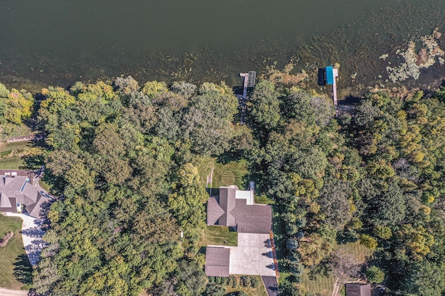 birds eye view of property featuring a wooded view