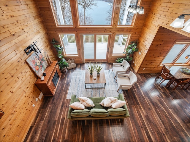living area with hardwood / wood-style floors, wood walls, and a wealth of natural light