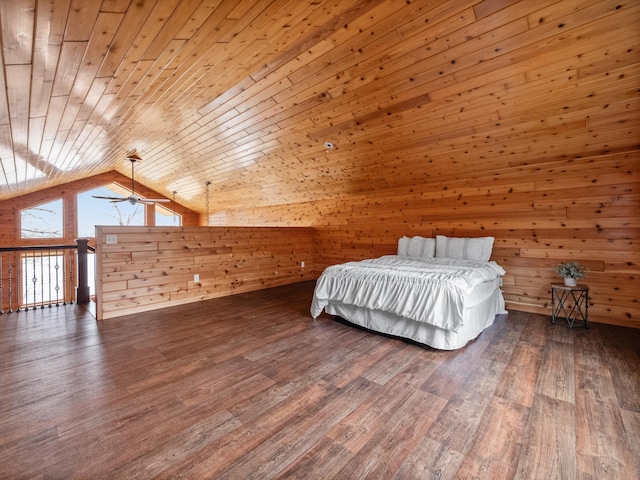 bedroom with vaulted ceiling, wood walls, wood ceiling, and wood finished floors