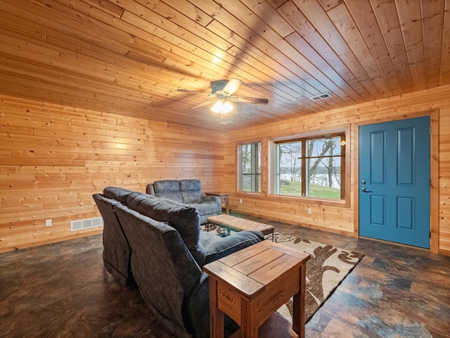 living area featuring wood ceiling, wooden walls, visible vents, and ceiling fan