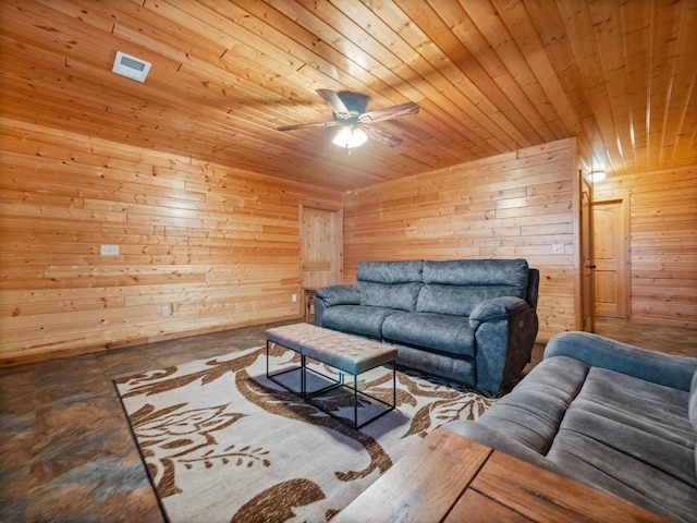 living room with wooden walls, visible vents, a ceiling fan, wooden ceiling, and concrete floors