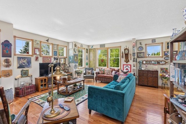 living room with healthy amount of natural light, light wood-style flooring, and a textured ceiling
