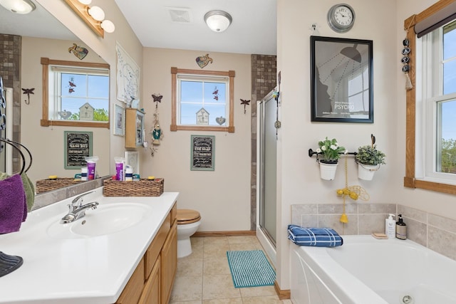 bathroom featuring healthy amount of natural light, vanity, a shower stall, and a bath