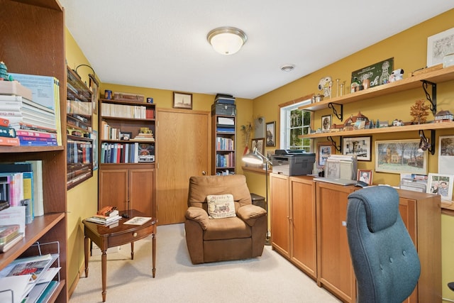 home office featuring light carpet