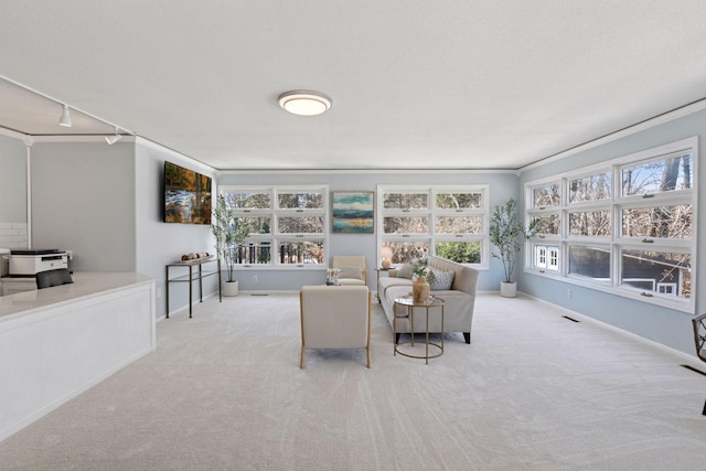 carpeted living room with a wealth of natural light, baseboards, and visible vents