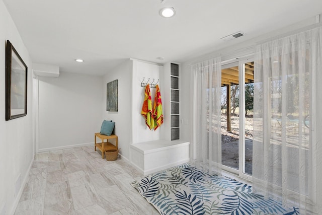mudroom with baseboards, visible vents, recessed lighting, and marble finish floor