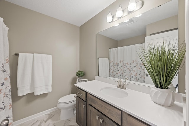 full bathroom with toilet, marble look tile flooring, vanity, baseboards, and a shower with shower curtain