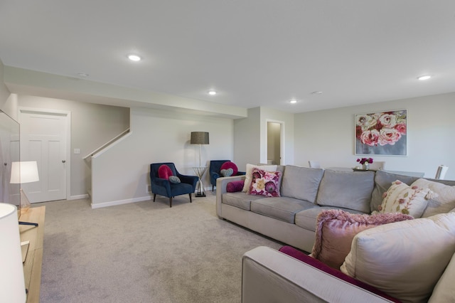3459 109th Ln NE, Blaine, MN 55449 - living area with light colored carpet, stairs, recessed lighting, and baseboards