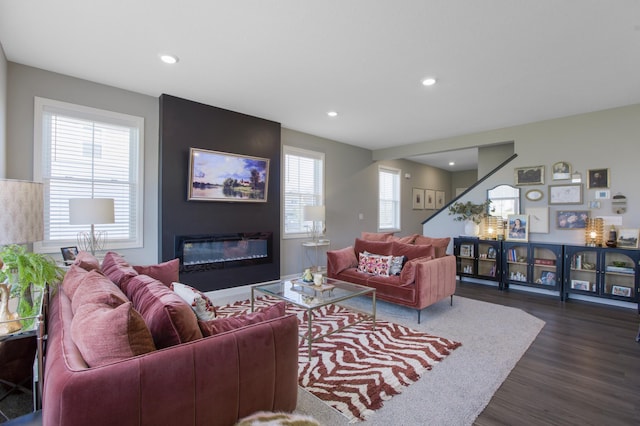3459 109th Ln NE, Blaine, MN 55449 - living room with dark wood-style flooring, recessed lighting, and a large fireplace