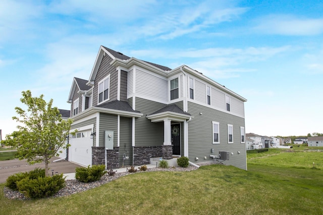 3459 109th Ln NE, Blaine, MN 55449 - view of property exterior featuring a lawn, stone siding, a garage, and central AC unit