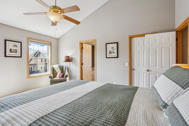 bedroom with high vaulted ceiling and a ceiling fan