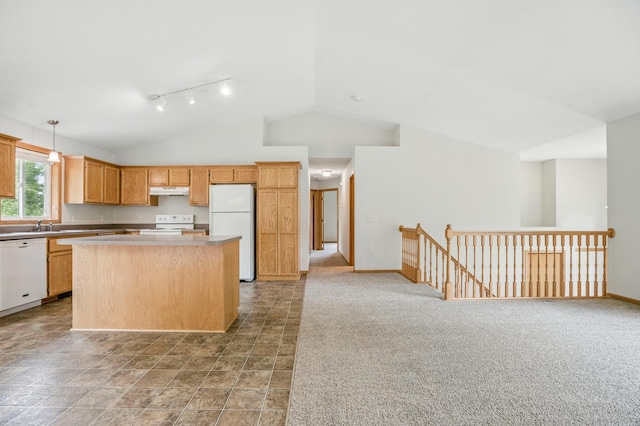 10310 Kaitlin Ave, Hanover, MN 55341 - kitchen featuring white appliances, lofted ceiling, a kitchen island, track lighting, and light countertops