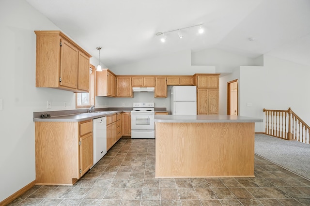 10310 Kaitlin Ave, Hanover, MN 55341 - kitchen with white appliances, under cabinet range hood, a center island, baseboards, and track lighting