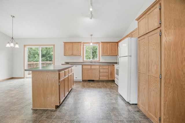 10310 Kaitlin Ave, Hanover, MN 55341 - kitchen featuring white appliances, light brown cabinetry, a kitchen island, a chandelier, and lofted ceiling