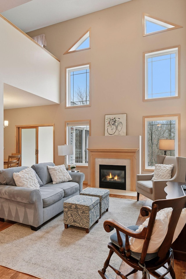 living room featuring a high ceiling, wood finished floors, and a glass covered fireplace