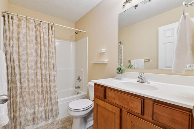 bathroom with toilet, a textured ceiling, shower / bathtub combination with curtain, and vanity