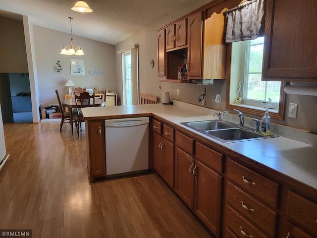 kitchen with white dishwasher, a sink, vaulted ceiling, plenty of natural light, and wood finished floors