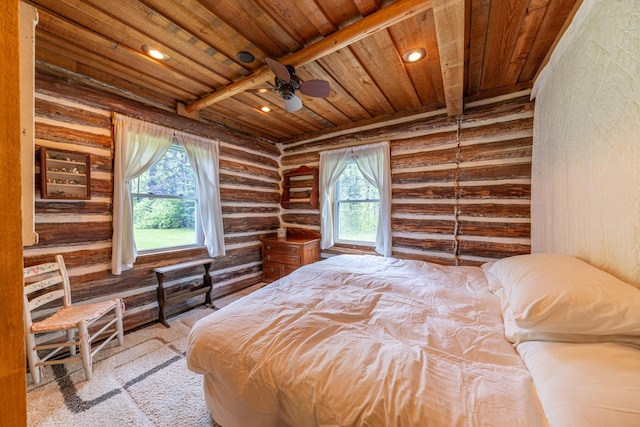 unfurnished bedroom featuring light colored carpet, wooden ceiling, beamed ceiling, and recessed lighting