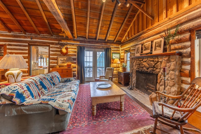 living room with beam ceiling, high vaulted ceiling, wooden ceiling, and a fireplace