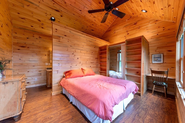 bedroom featuring wooden walls, high vaulted ceiling, wooden ceiling, and dark wood-type flooring