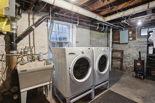 washroom with laundry area, a sink, electric panel, and washer and clothes dryer