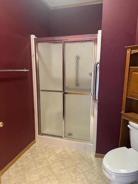 1017 Clausen Ave SW, Bemidji, MN 56601 - bathroom featuring baseboards, toilet, and a stall shower