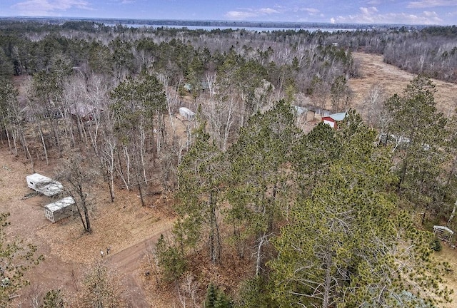 drone / aerial view featuring a forest view