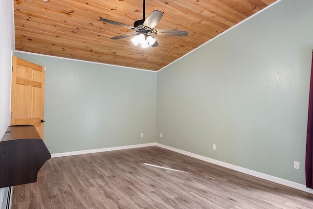 unfurnished room with crown molding, ceiling fan, wood finished floors, vaulted ceiling, and wood ceiling