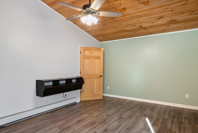 unfurnished room featuring ceiling fan, wooden ceiling, wood finished floors, vaulted ceiling, and a baseboard heating unit