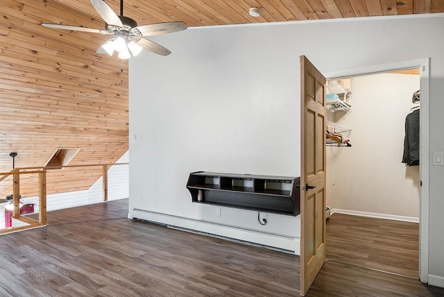 room details featuring wood finished floors, baseboards, ceiling fan, wooden ceiling, and a baseboard radiator