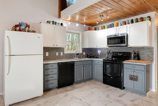 kitchen with wood ceiling, white cabinetry, a sink, black appliances, and gray cabinetry
