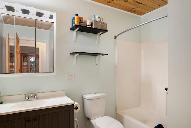 full bathroom with wooden ceiling, vanity, washtub / shower combination, and toilet