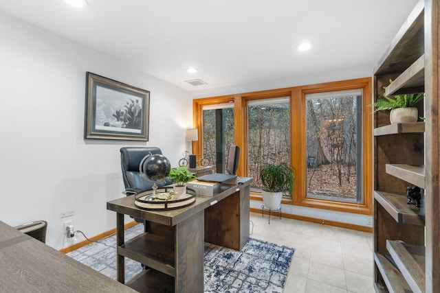 home office featuring baseboards, recessed lighting, and visible vents