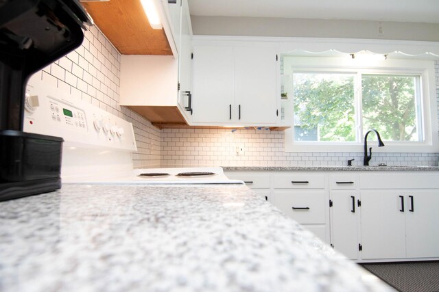 217 Center St, Mankato, MN 56001 - kitchen featuring white cabinets, tasteful backsplash, electric stove, and a sink
