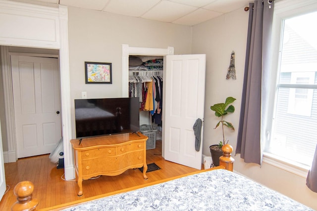 217 Center St, Mankato, MN 56001 - bedroom featuring a drop ceiling, a closet, wood finished floors, and multiple windows
