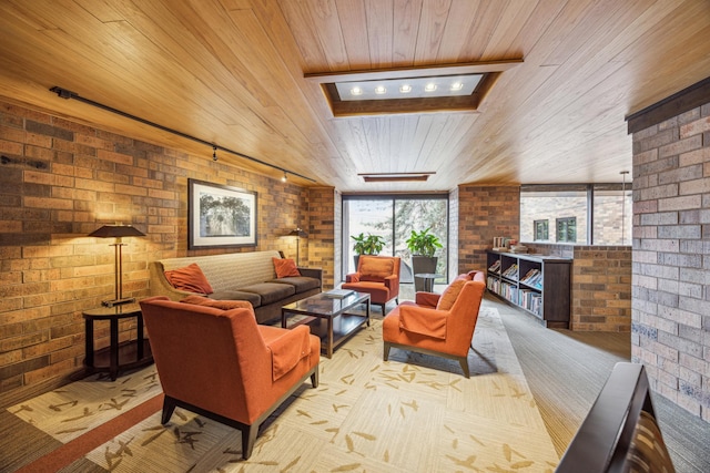 210 Grant St Unit 710, Minneapolis, MN 55403 - living area featuring rail lighting, wood ceiling, and brick wall