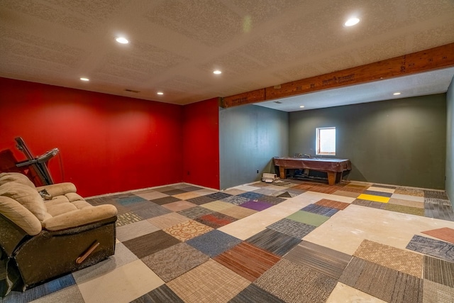 interior space with recessed lighting, a textured ceiling, and billiards