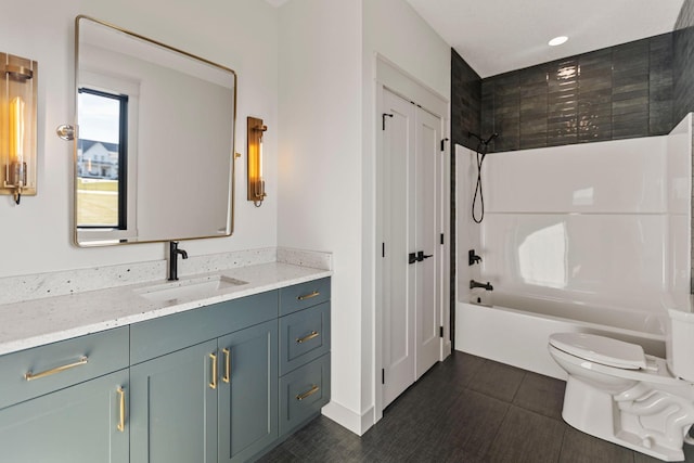 7284 205th St W, Faribault, MN 55021 - bathroom with toilet, vanity, tile patterned floors, and tub / shower combination