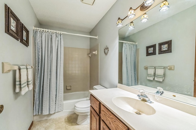 bathroom featuring tile patterned flooring, shower / bath combination with curtain, toilet, and vanity
