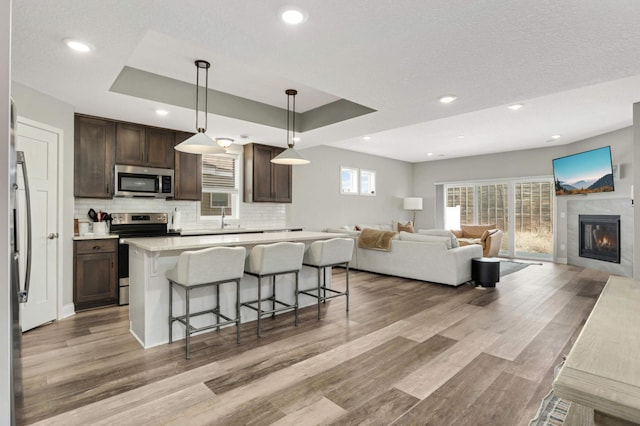 kitchen featuring open floor plan, light wood-style flooring, dark brown cabinets, appliances with stainless steel finishes, and a sink