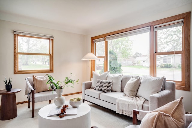 carpeted living area with baseboards and plenty of natural light
