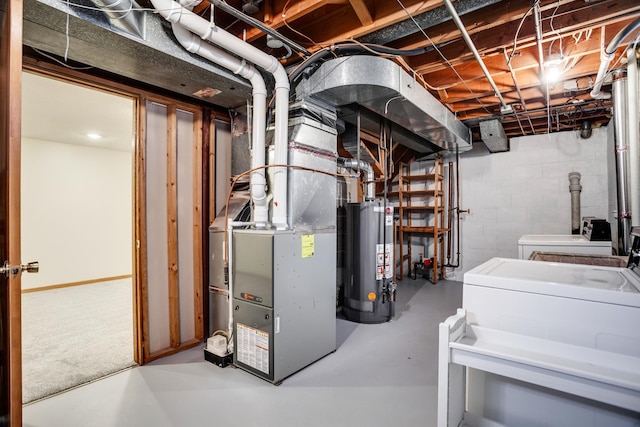 unfinished basement with heating unit, water heater, and independent washer and dryer