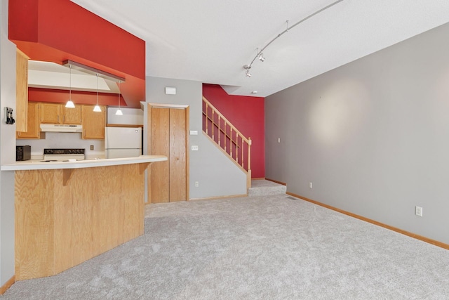 kitchen with carpet flooring, freestanding refrigerator, track lighting, under cabinet range hood, and range